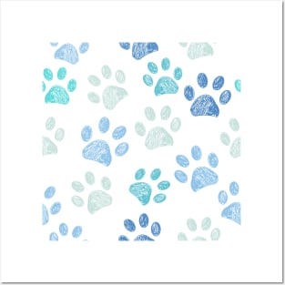 Doodle blue paw prints pattern Posters and Art